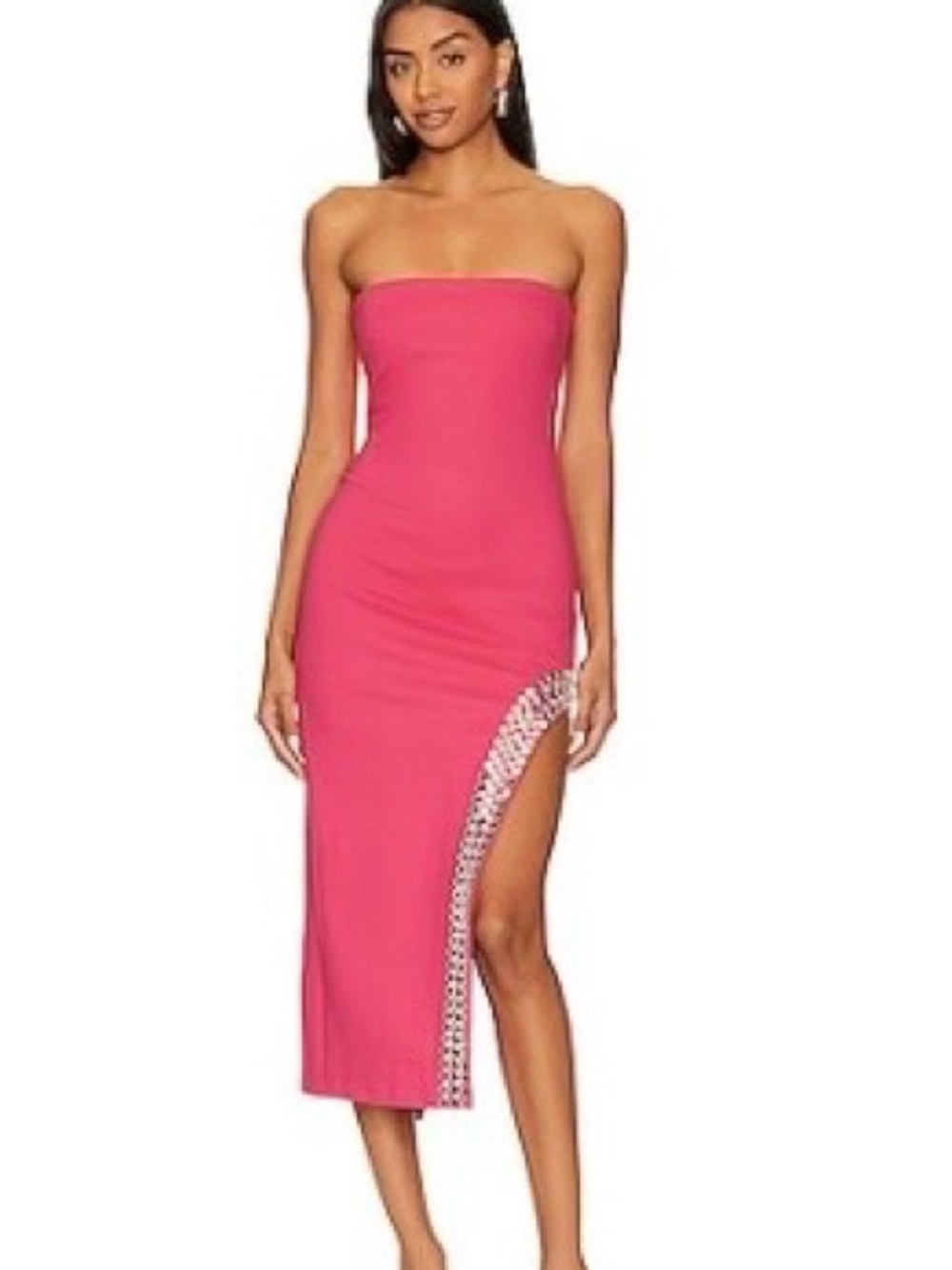 NBD Strapless Hot Pink Midi Dress with Embellished Side Slit